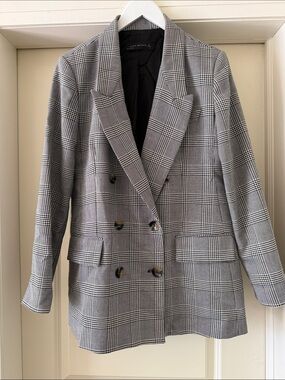 Zara Gray Plaid Double-Breasted Blazer
